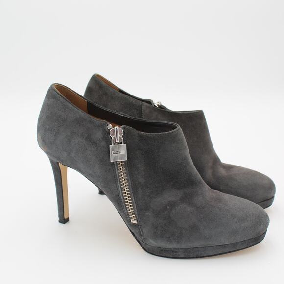 Michael Kors Booties Womens 9.5 Gray Suede High Heel Ankle Boots Zip Logo Lock - Picture 1 of 12